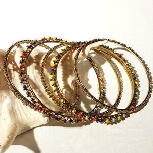 Set Of 6 Vintage-Style Gold Tone Bangles With Multicolor Bead Accents